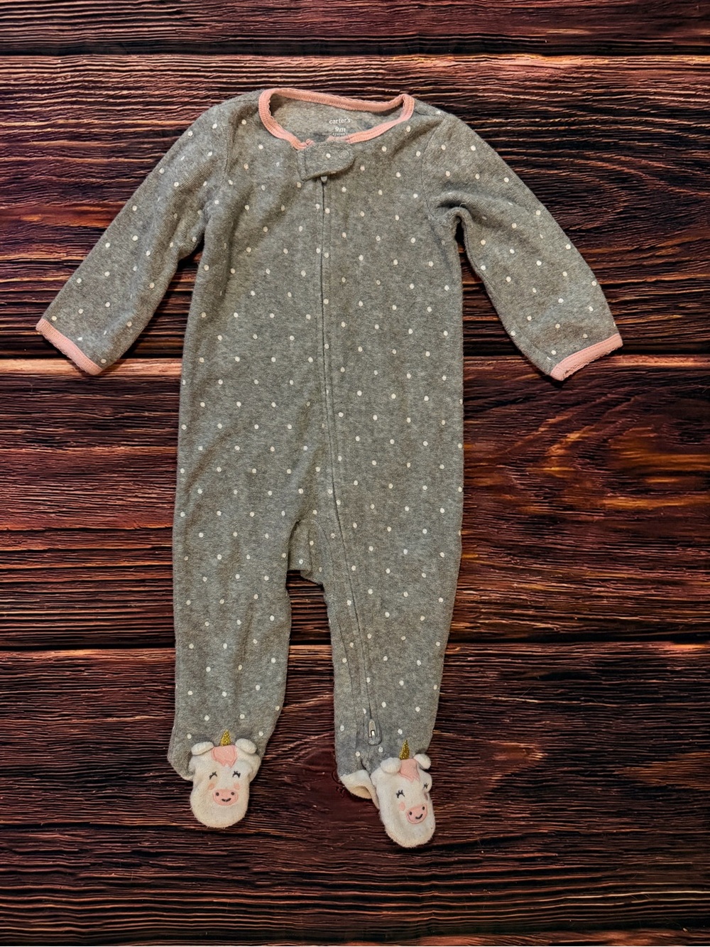 Carter's Gray Polka Dot Footed One-Piece with Pink Trim and Unicorn Feet